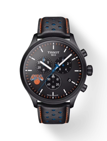 Front view of the watch Tissot Chrono XL NBA Teams Special New York Knicks Edition with shadow