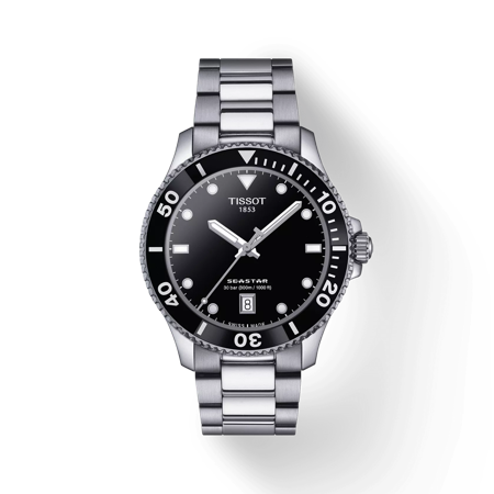 Front view of the watch Tissot Seastar 1000 40mm with shadow