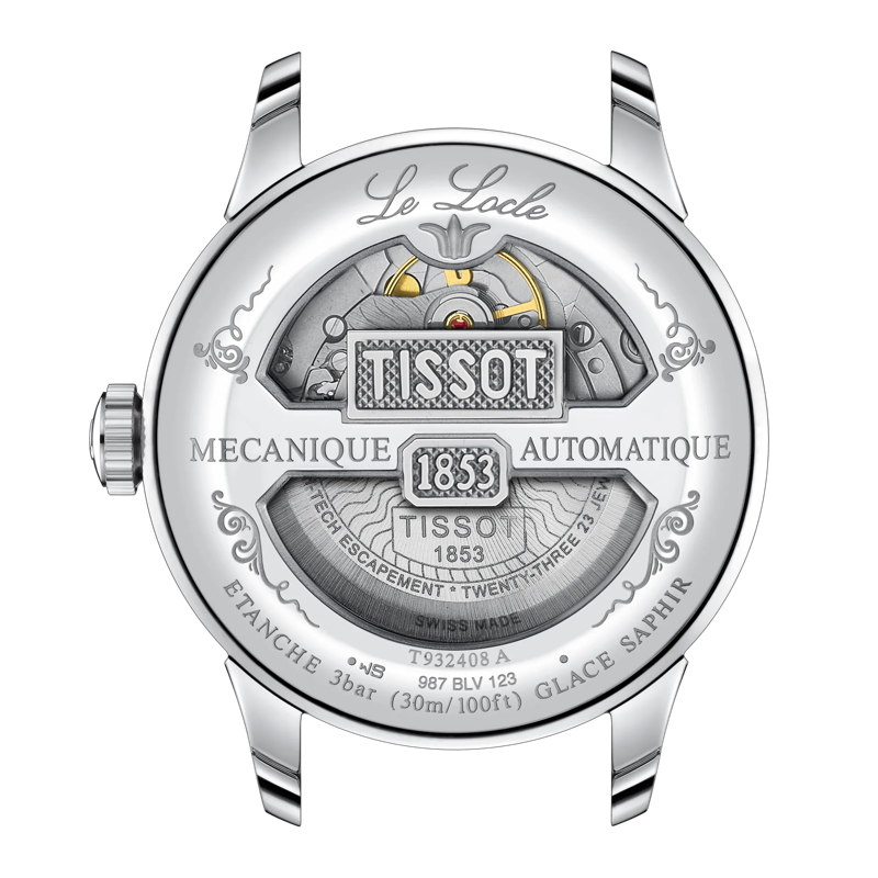 Back view of the watch case Tissot Le Locle COSC 39mm 18k Gold Bezel