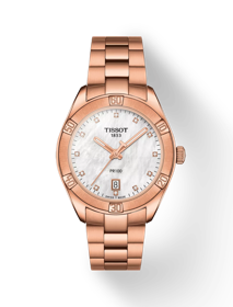 มุมมองด้านหน้าของนาฬิกา Tissot PR 100 Sport Chic พร้อมเงา