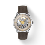 Front view of the watch Tissot Chemin Des Tourelles Skeleton with shadow