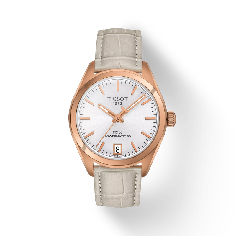 Front view of the watch Tissot PR 100 Powermatic 80 Lady with shadow