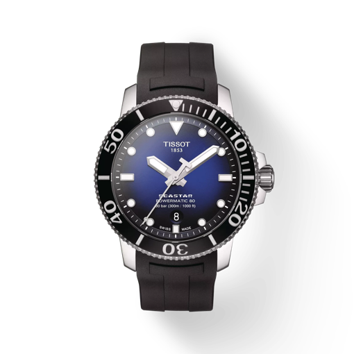 Front view of the watch Tissot Seastar 1000 Powermatic 80 with shadow