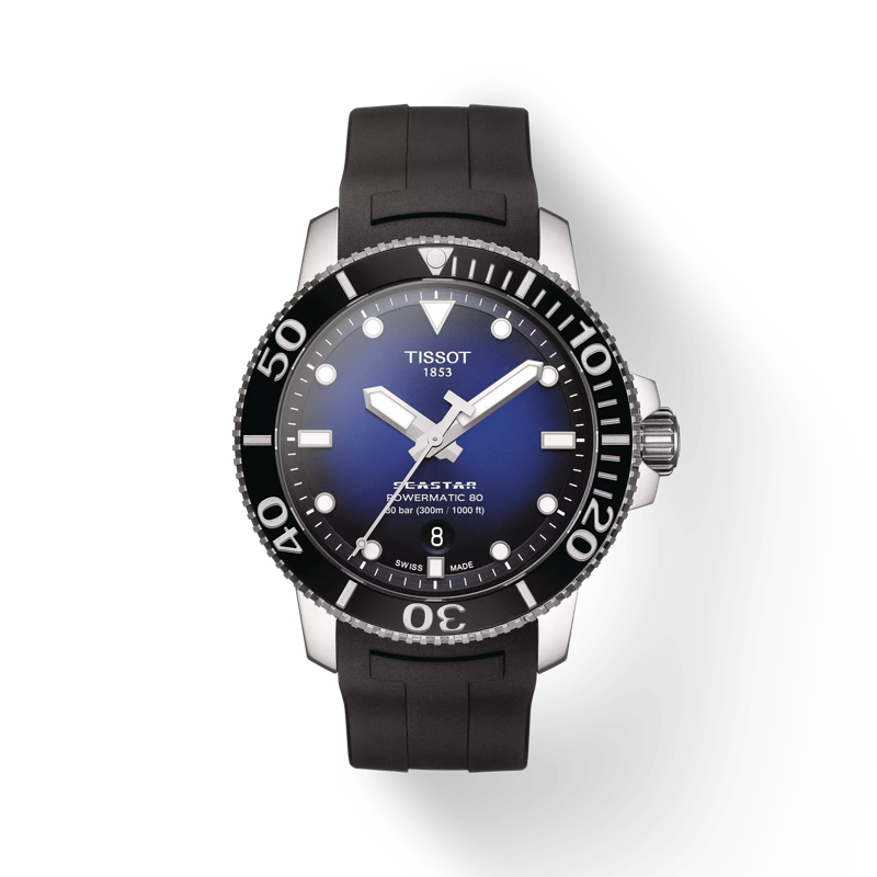 Front view of the watch Tissot Seastar 1000 Powermatic 80 with shadow