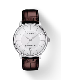 Vue de face de la montre Tissot Carson Premium Powermatic 80 avec ombre