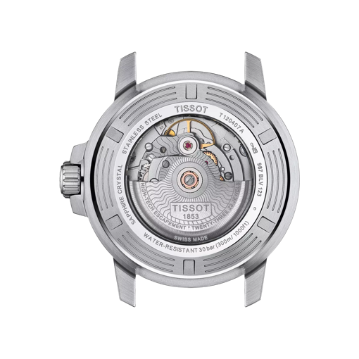 มุมมองด้านหลังของตัวเรือนนาฬิกา Tissot Seastar 1000 Powermatic 80