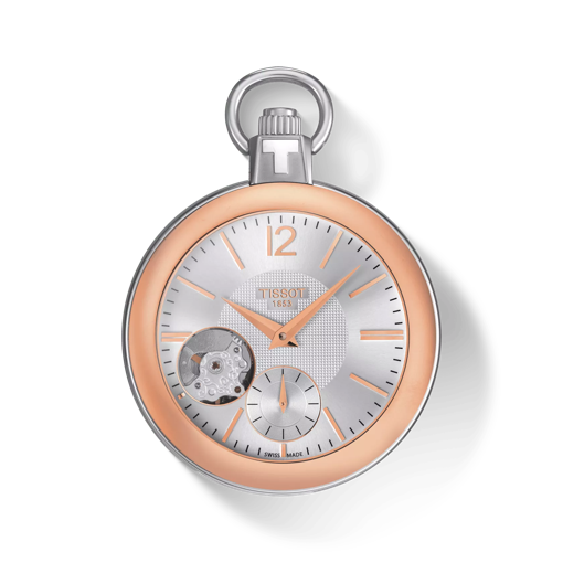 Vista frontal del reloj Tissot Pocket Mechanical Skeleton con sombra