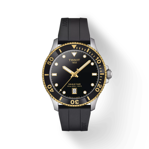 Vue de face de la montre Tissot Seastar 1000 40mm avec ombre
