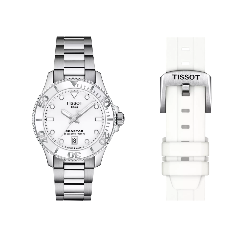 Front view of the watch Tissot Seastar 1000 36mm with additional bracelet