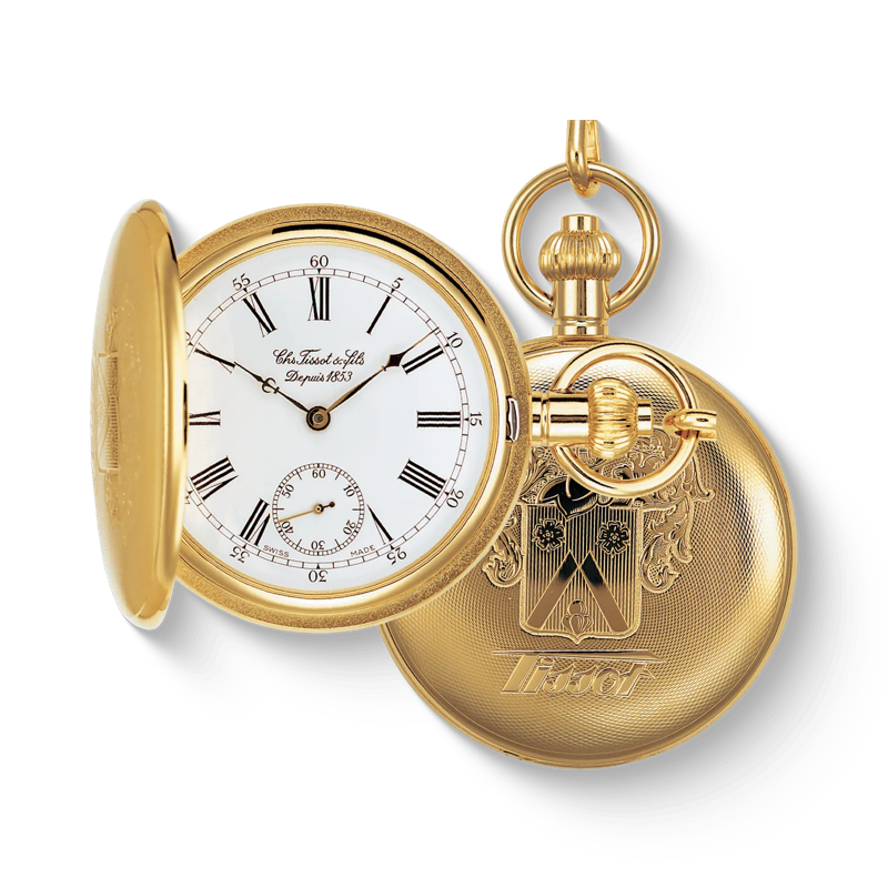 Vue de face de la montre Tissot Savonnette Mechanical avec ombre