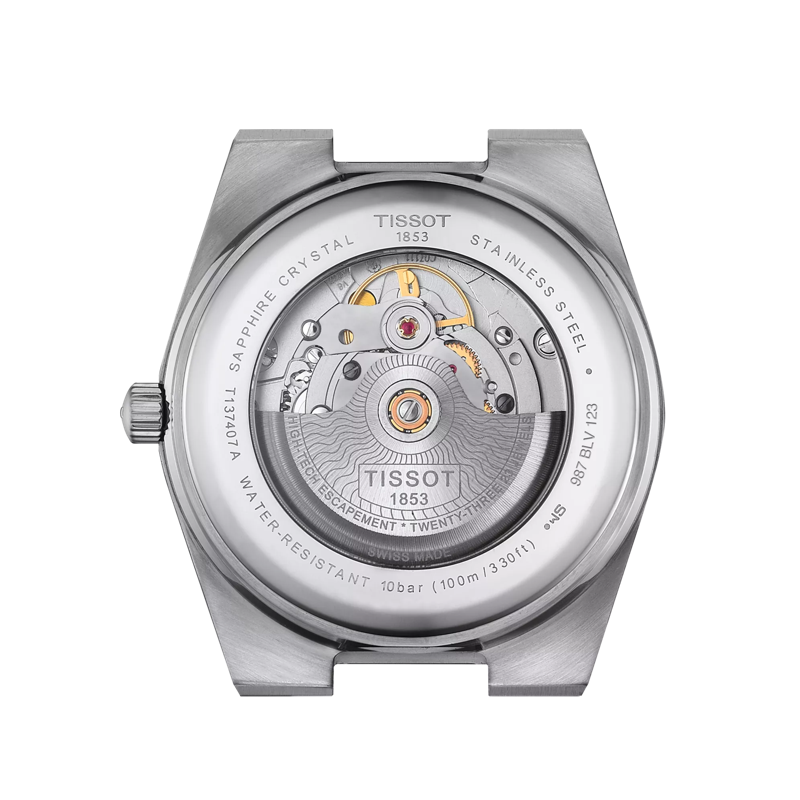 Back view of the watch case Tissot PRX Powermatic 80 Edelstahl & 18K Goldlünette 40mm