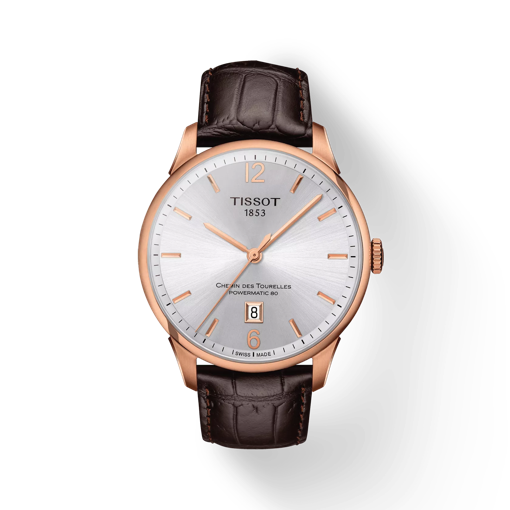 Front view of the watch Tissot Chemin des Tourelles Powermatic 80 with shadow
