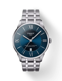 Front view of the watch Tissot Chemin des Tourelles Powermatic 80 with shadow