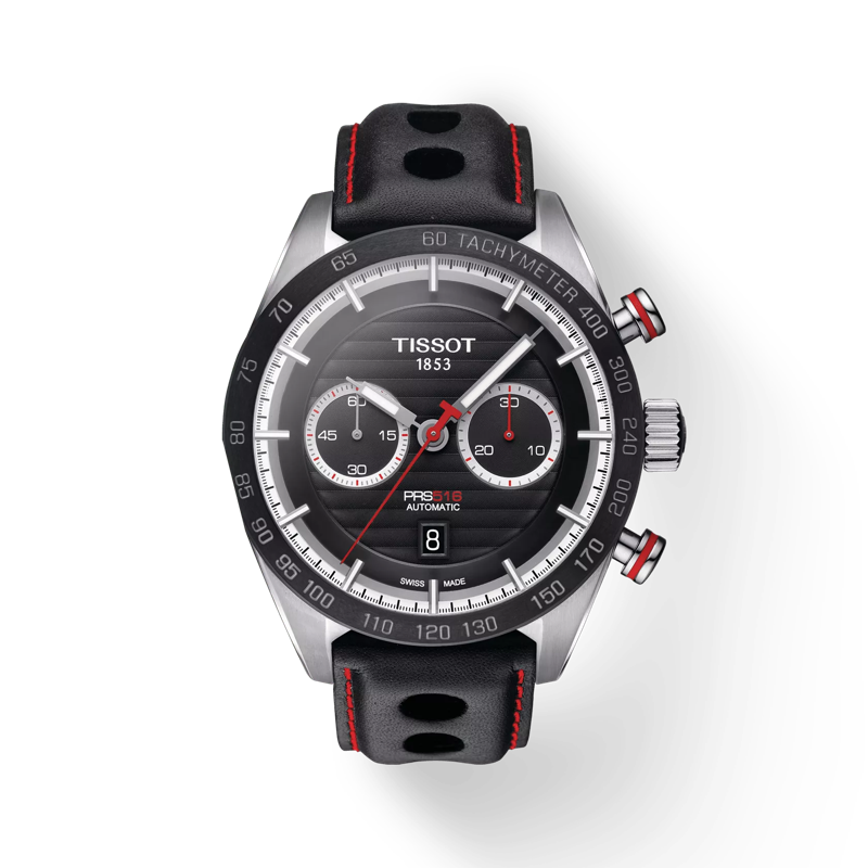 Front view of the watch Tissot PRS 516 Automatic Chronograph with shadow