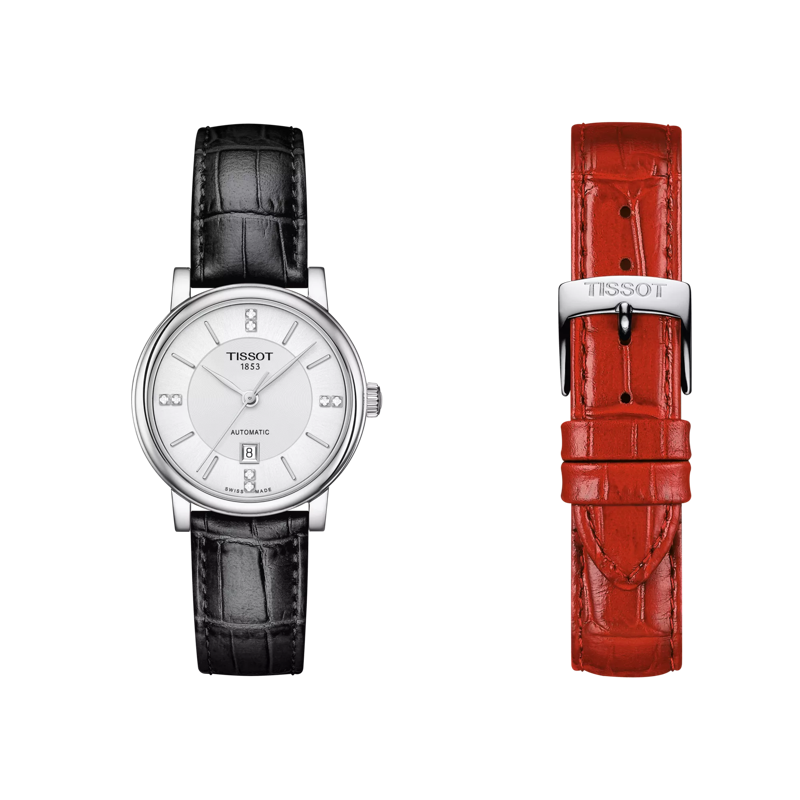 Front view of the watch Tissot Carson Premium Lady Automatic with additional bracelet