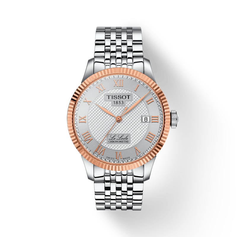 Front view of the watch Tissot Le Locle COSC 39mm 18k Gold Bezel with shadow