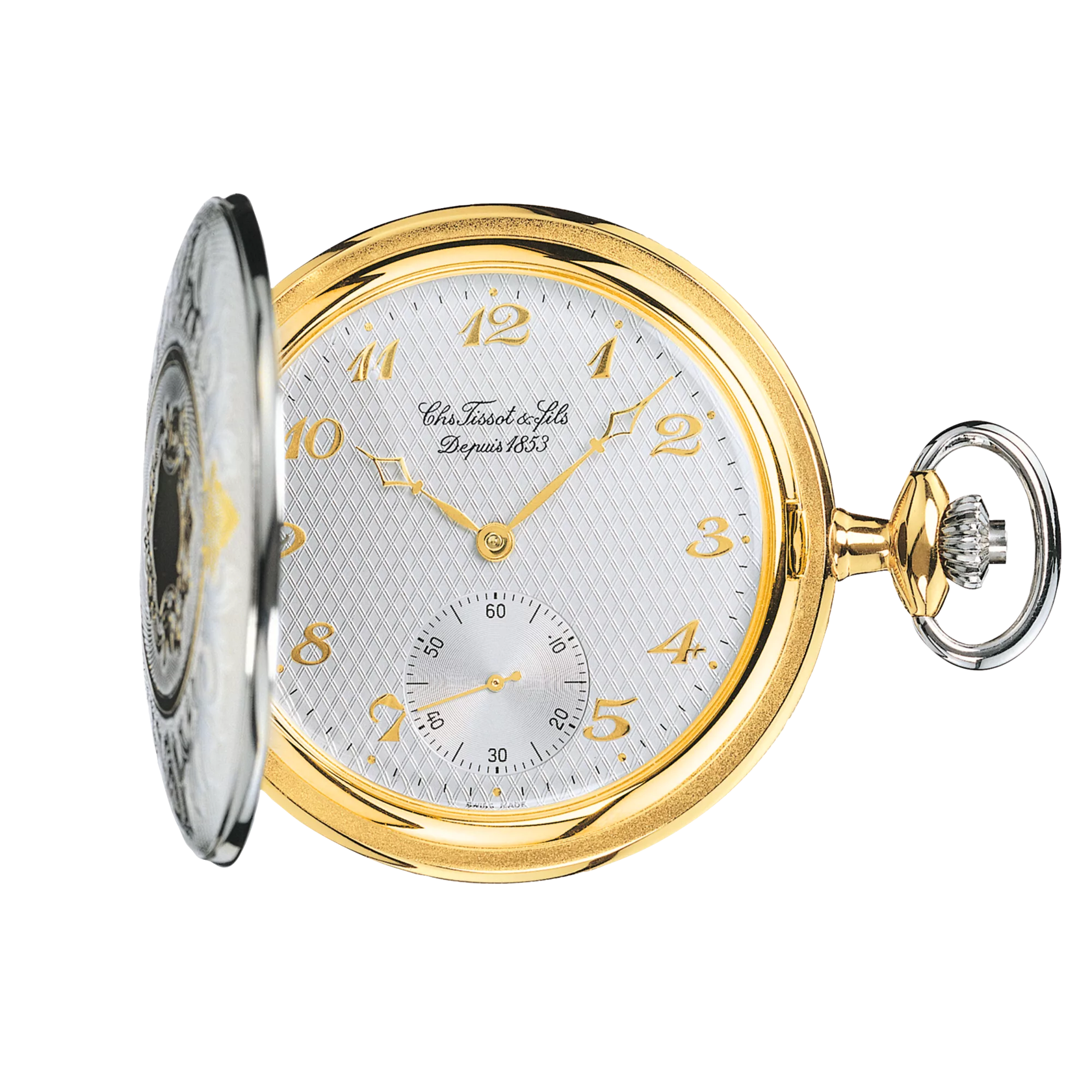Front view of the watch Tissot Savonnette Mechanical with opened