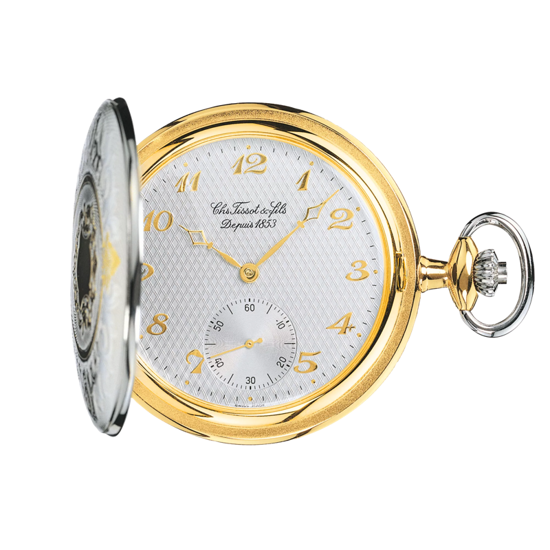 Front view of the watch Tissot Savonnette Mechanical with opened