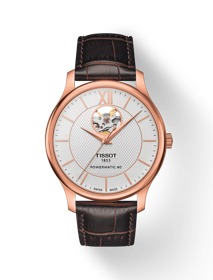 Front view of the watch Tissot Tradition Powermatic 80 Open Heart with shadow