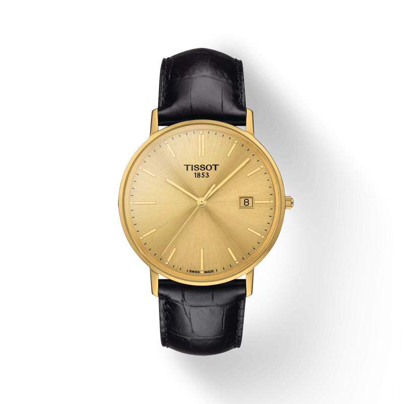 Front view of the watch Tissot Goldrun Sapphire 18K Gold with shadow