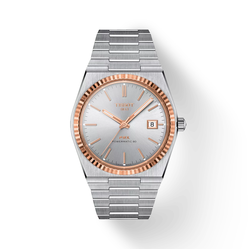 Vue de face de la montre Tissot PRX Powermatic 80 Steel & 18K Gold Bezel 40mm avec ombre