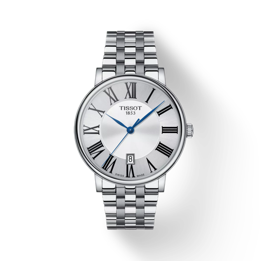 Front view of the watch Tissot Carson Premium with shadow