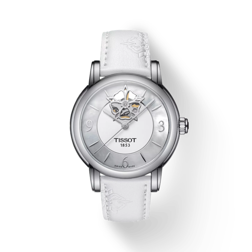 Vue de face de la montre Tissot Lady Heart Powermatic 80 avec ombre