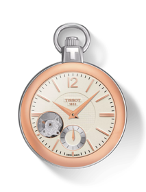 Front view of the watch Tissot Pocket Mechanical Skeleton with shadow