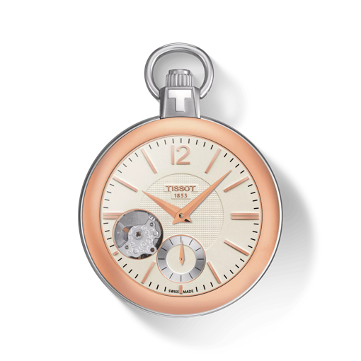 Front view of the watch Tissot Pocket Mechanical Skeleton with shadow