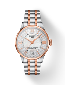 Vue de face de la montre Tissot Chemin des Tourelles Powermatic 80 Helvetic Pride Lady avec ombre