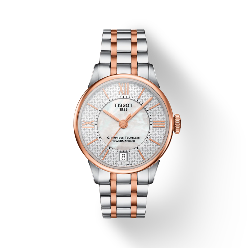 Vue de face de la montre Tissot Chemin des Tourelles Powermatic 80 Helvetic Pride Lady avec ombre
