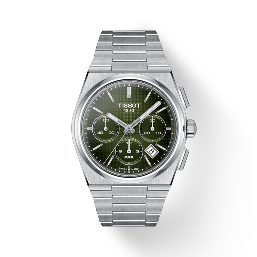 Vista frontal del reloj Tissot PRX Automatic Chronograph 42mm con sombra