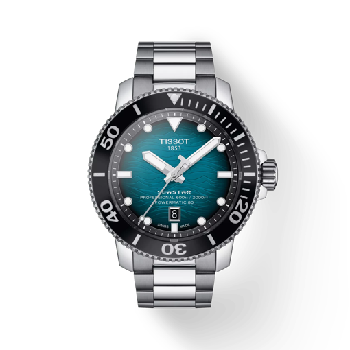 Front view of the watch Tissot Seastar 2000 Professional Powermatic 80 with shadow