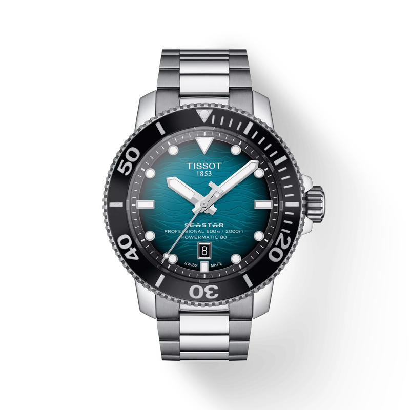 Front view of the watch Tissot Seastar 2000 Professional Powermatic 80 with shadow