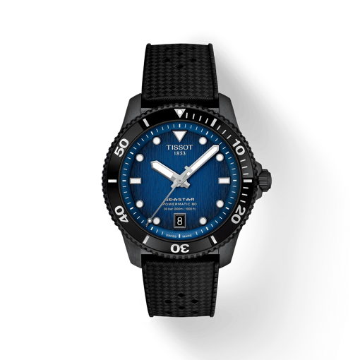 Vue de face de la montre Tissot Seastar 1000 Powermatic 80 40mm avec ombre