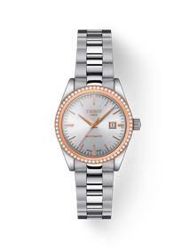 Front view of the watch Tissot T-My Lady Automatic 18K Gold bezel with shadow