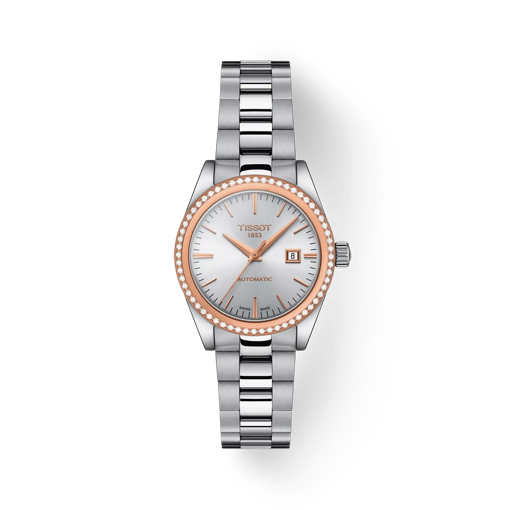 Vue de face de la montre Tissot T-My Lady Automatic 18K Gold bezel avec ombre