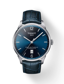 Front view of the watch Tissot Chemin des Tourelles Powermatic 80 with shadow