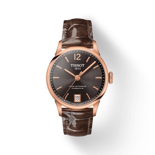 Front view of the watch Tissot Chemin des Tourelles Powermatic 80 Lady with shadow