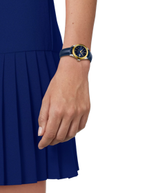 Simulation of the watch Tissot T-My Lady Automatic 18K Gold bezel on a wrist