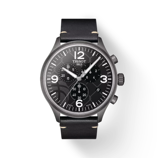 Front view of the watch Tissot Chrono XL 3x3 Street Basketball with shadow