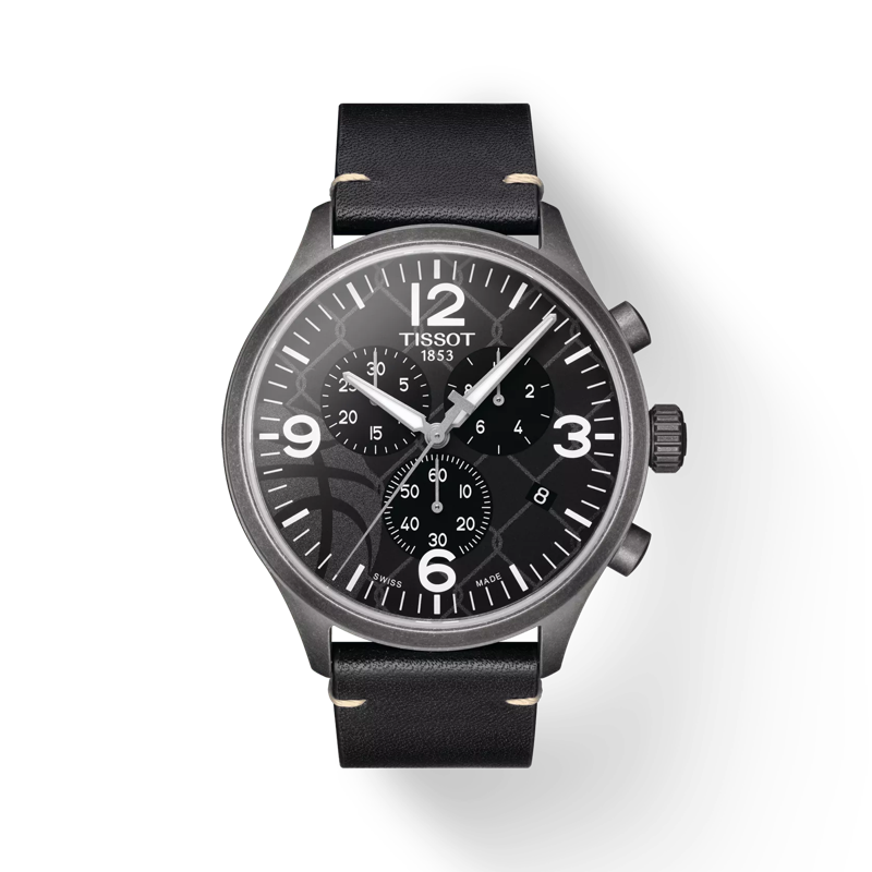 Front view of the watch Tissot Chrono XL 3x3 Street Basketball with shadow