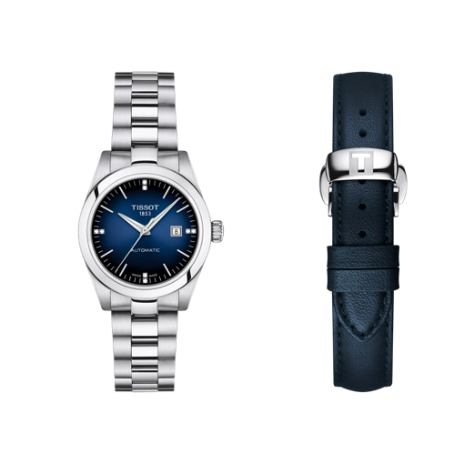มุมมองด้านหน้าของนาฬิกา Tissot T-My Lady Automatic พร้อมสายนาฬิกาเพิ่มเติม