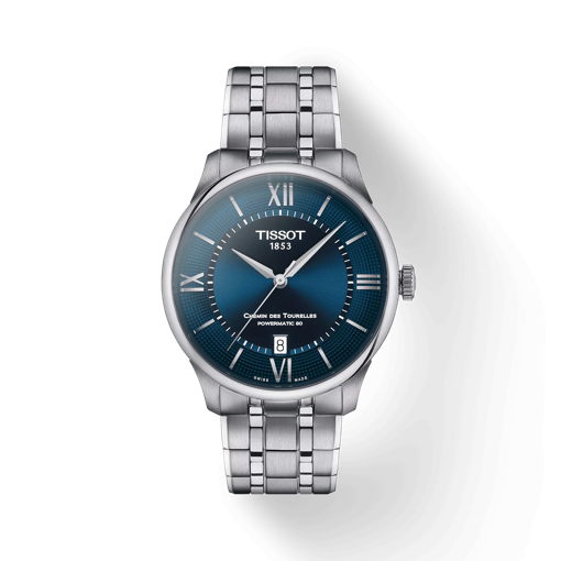 Front view of the watch Tissot Chemin des Tourelles Powermatic 80 39 mm with shadow