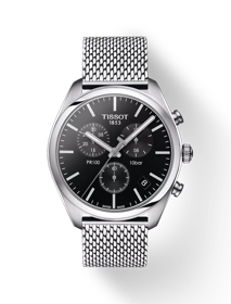 มุมมองด้านหน้าของนาฬิกา Tissot PR 100 Chronograph พร้อมเงา