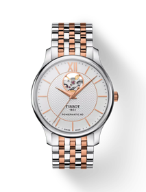 Front view of the watch Tissot Tradition Powermatic 80 Open Heart with shadow