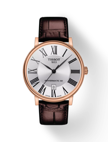 Vue de face de la montre Tissot Carson Premium Powermatic 80 avec ombre