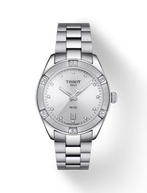 มุมมองด้านหน้าของนาฬิกา Tissot PR 100 Sport Chic พร้อมเงา