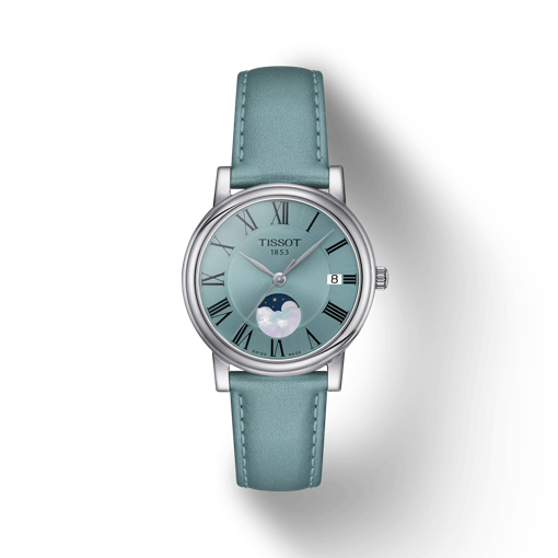 Front view of the watch Tissot Carson Premium Lady Moonphase with shadow