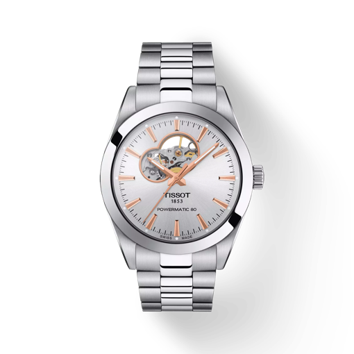 Front view of the watch Tissot Gentleman Powermatic 80 Open Heart with shadow